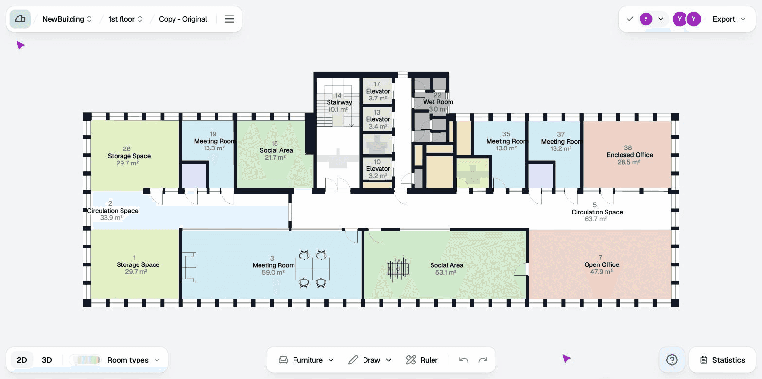 Studio, with one floor plan open and its areas coloured by room type