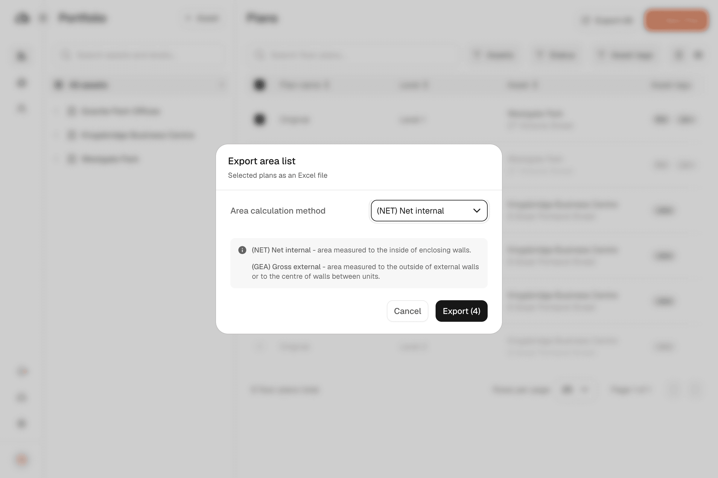 The export area list dialog with the area calculation method selected