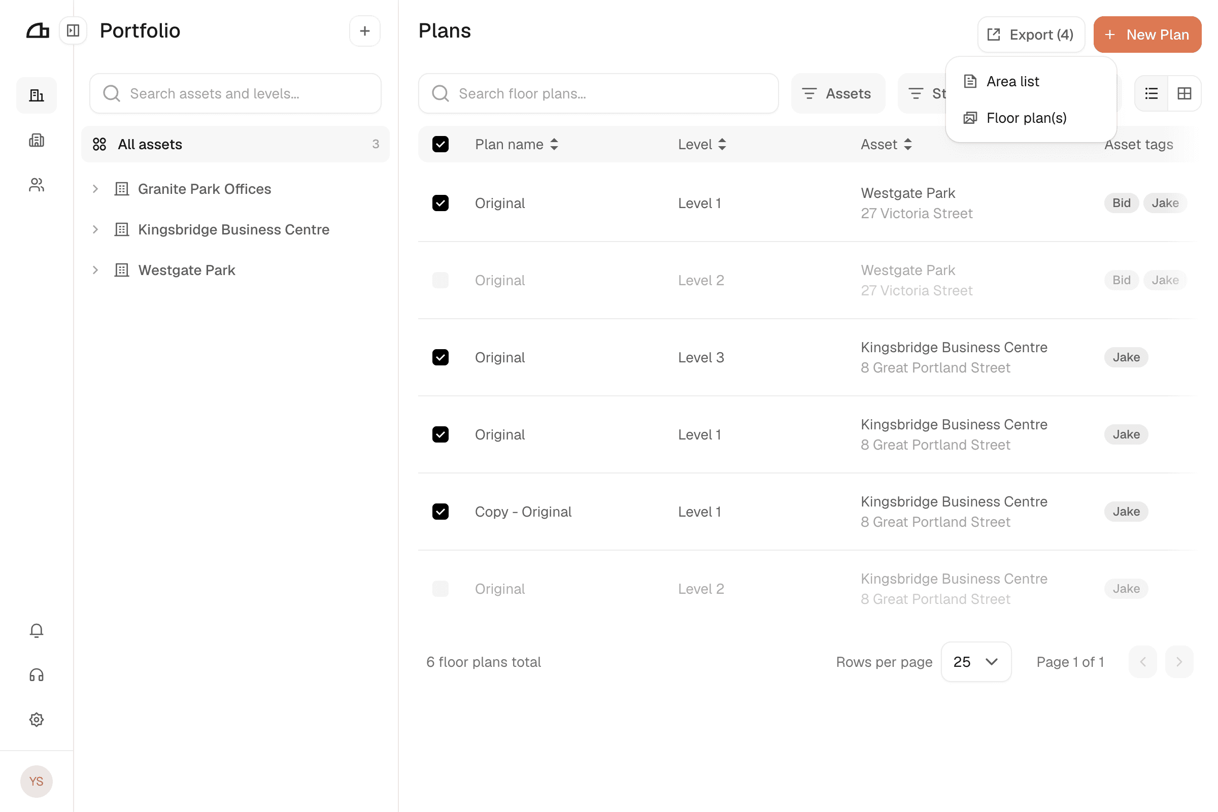 The export menu offering Area list and Floor plan(s)