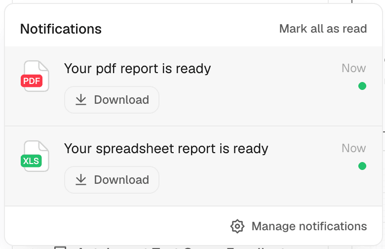 The notification for a finished pdf report, with a Download link