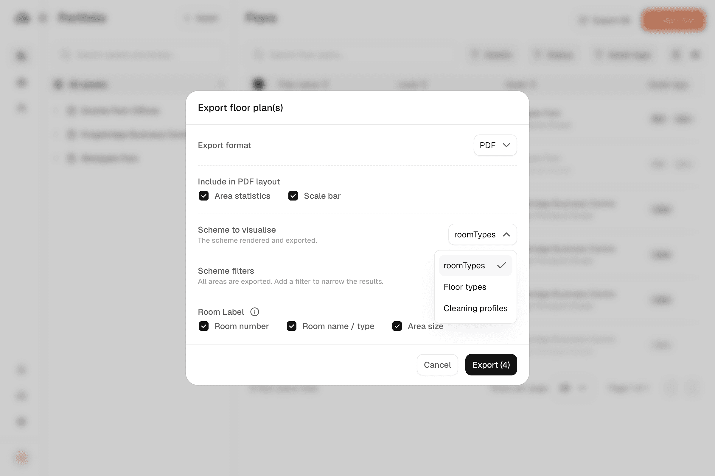 The scheme to visualise dropdown open, listing room types and schemes