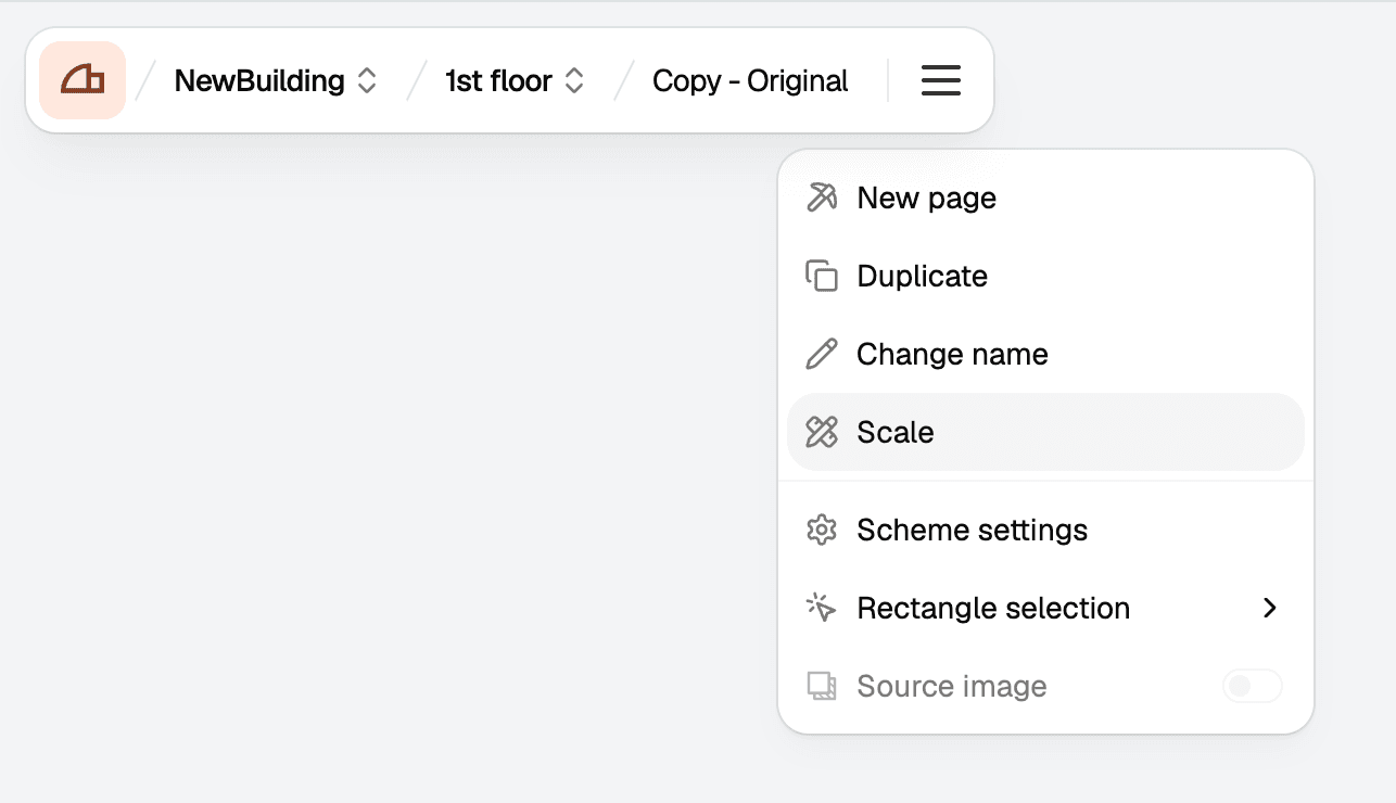 The plan menu open in the top left with Scale highlighted