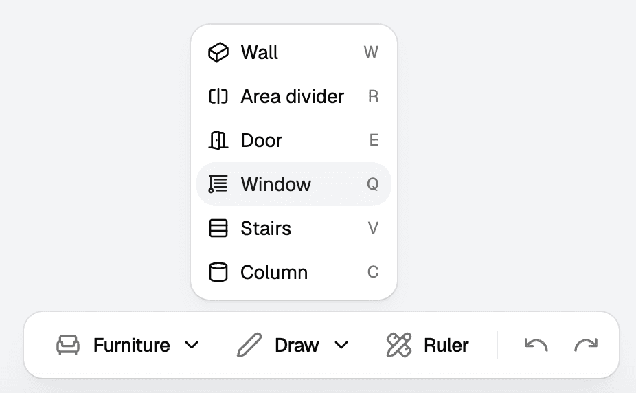 The Draw menu open with Door selected, above the bottom centre toolbar